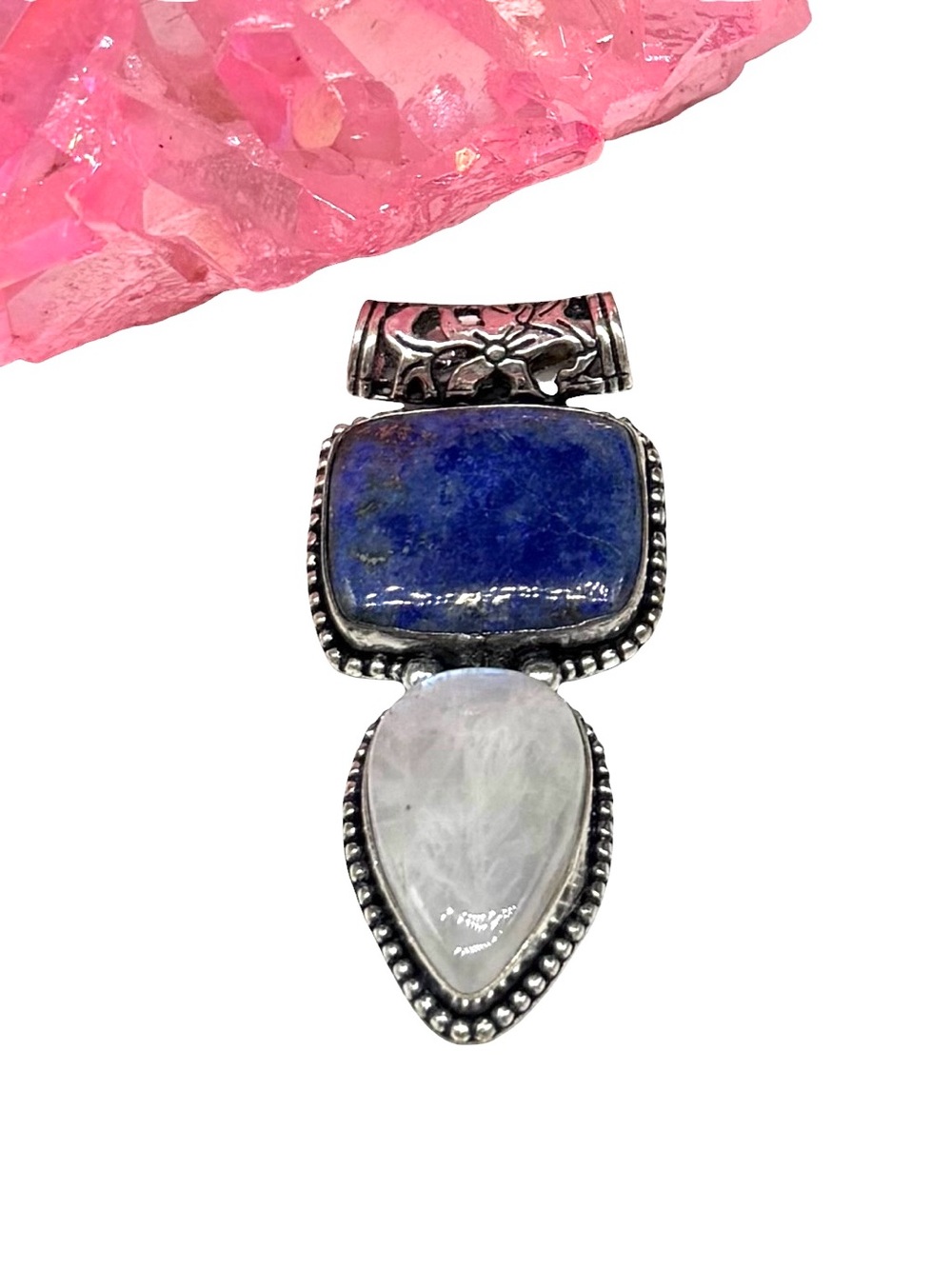 Lapis Lazuli Rainbow Moonstone Necklace Pendant 925 Sterling Silver Overlay